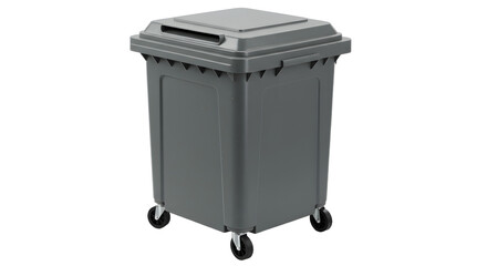 Gray plastic wheeled garbage bin isolated on white background, waste container for trash collection and disposal, perfect for sanitation and cleaning services