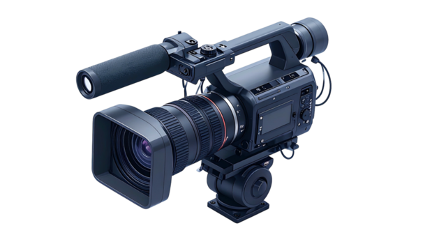 Angled shot of a professional video camera on a tripod