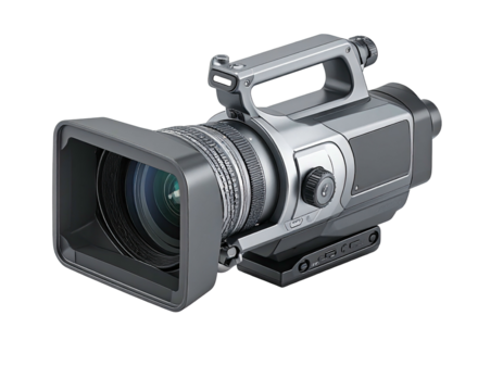 Gray professional broadcast camera angled right, black backdrop, prominent lens