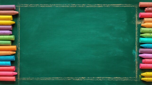 Colorful chalk crayons arranged around a blank chalkboard, perfect for creative educational concepts and artistic designs.