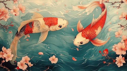 Two colorful koi fish swimming gracefully in blue water surrounded by delicate pink cherry blossom flowers and petals gently floating
