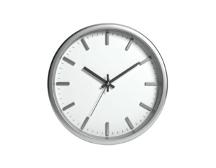 Round wall clock with silver frame and hands against a white face
