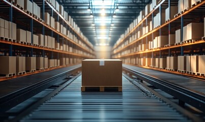 A single large cardboard box on a wooden pallet moves along a conveyor belt in a spacious, well-lit warehouse with tall shelves full of boxes on both sides