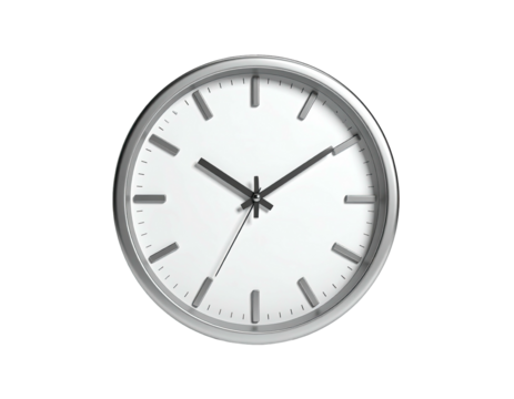 Round wall clock with silver frame and hands against a white face