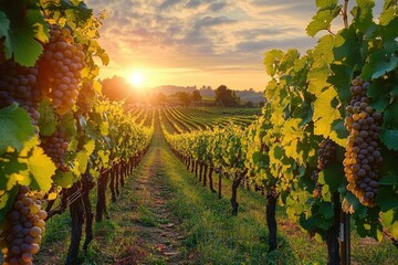 Naklejka premium Sunset over a lush vineyard with rows of grapevines heavy with ripe grapes under a partly cloudy sky creating a warm and peaceful atmosphere
