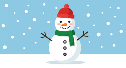 Cheerful Snowman Wearing a Red Hat and Green Scarf in Falling Snow.