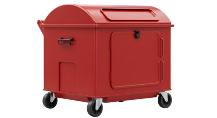 Red heavy-duty outdoor storage container on wheels with lockable door and handle, ideal for industrial or commercial use