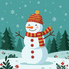 Cheerful Snowman Wearing a Striped Hat and Scarf in a Snowy Forest.