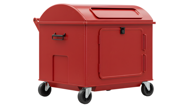 Red heavy-duty outdoor storage container on wheels with lockable door and handle, ideal for industrial or commercial use