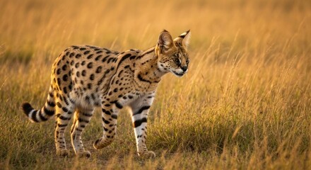 Obraz premium Serval cat in golden savanna