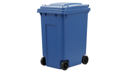 Blue plastic wheeled garbage bin isolated on white background, perfect for waste management and recycling