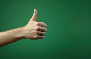 Close-up of a human hand giving a thumbs up gesture against a plain green background expressing approval and positivity