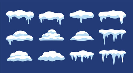 Collection of cartoon snowdrifts and icicles with melting drips.