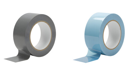 Rolls of gray and blue adhesive tape isolated on white background, perfect for packaging and repair tasks