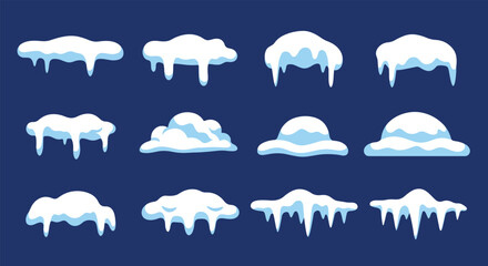 Collection of cartoonstyle snow drifts and icicles for winter decoration. © NFS Studio
