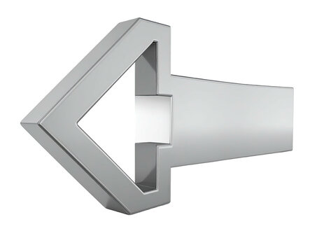 A 3D silver arrow icon pointing left with a geometric and modern design