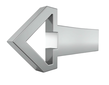 A 3D silver arrow icon pointing left with a geometric and modern design