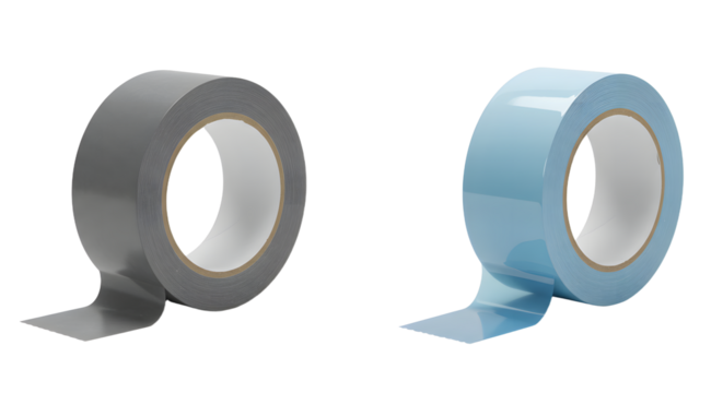 Rolls of gray and blue adhesive tape isolated on white background, perfect for packaging and repair tasks