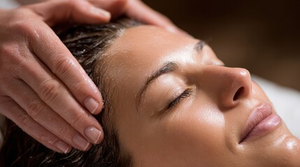 Fototapeta premium Relaxing head massage treatment rejuvenating a peaceful woman's mind, promoting wellness and tranquility in a soothing atmosphere.
