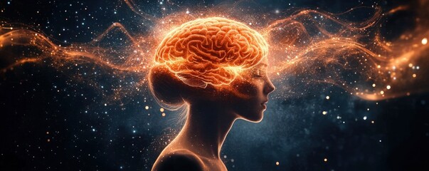 Profile of a woman with a glowing orange brain illustration surrounded by sparkling cosmic particles and light waves symbolizing thought and intelligence