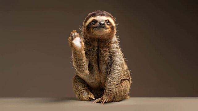 Playful sloth raises a tiny paw as if waving, warm studio tones and shallow depth of field creating a friendly, meme-ready vibe; wholesome animal footage perfect for kids learning