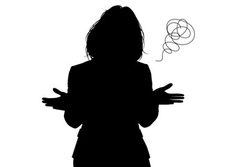 両手を広げ首をすくめる女性  困った お手上げポーズのビジネスウーマンのシルエット 上半身正面のイラスト