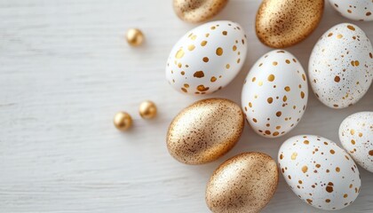 Obraz premium White and gold speckled decorative eggs arranged on a light wooden surface with a few small gold spheres, conveying elegance and festive celebration