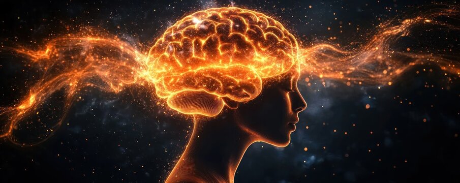 Profile of a human head with a glowing, illuminated brain and flowing neural energy streams in a dark cosmic background conveying intelligence and thought - Powered by Adobe