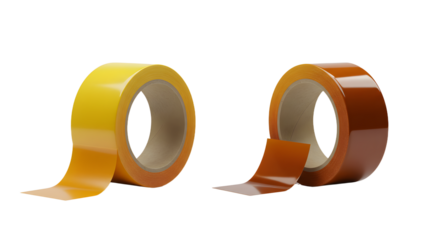 Close up of yellow and brown adhesive tape rolls isolated on white background, perfect for packaging and office use