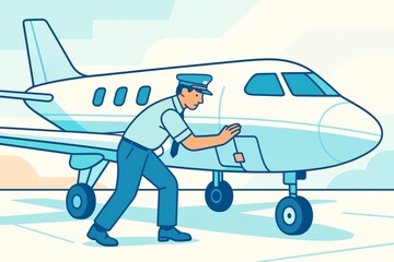 Cartoon pilot pushing airplane on runway under light sky for humorous transport concept background in flat illustration style. Ai generative