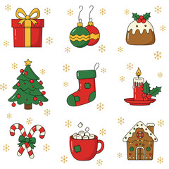 Festive Christmas Icons Collection Gifts Ornaments Tree Pudding Stocking Candle Candy Canes Hot Chocolate Gingerbread House 1.