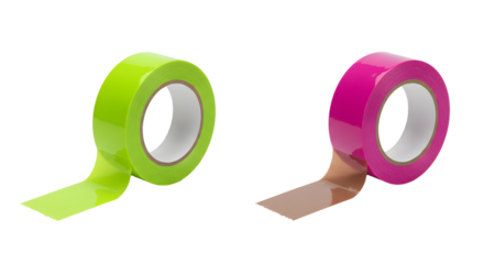 Bright neon green and pink adhesive tape rolls isolated on white background, perfect for crafts and packaging projects