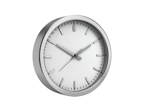 A modern, silver-rimmed wall clock with a clean white face and simple hands