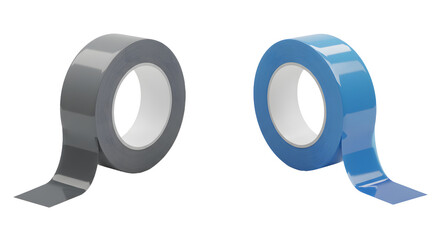 Two rolls of adhesive tape, blue and gray, isolated on white background for office and craft projects