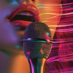 Modern photorealistic illustration close-up of female lips with microphone in neon lights, music, concert atmosphere, pop art style