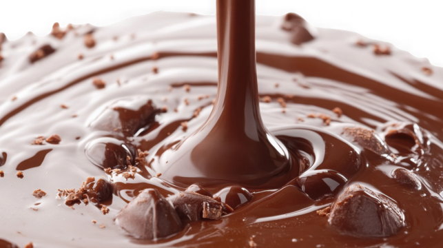 Close up of delicious melted chocolate pouring over a surface isolated on white isolated on transparent background