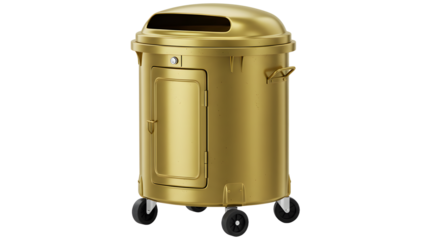 Gold outdoor trash can with wheels and side door, modern public waste bin for parks and streets