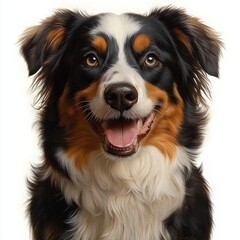 Close-up portrait of a happy tricolor dog with bright eyes, fluffy fur, and open mouth against a white background