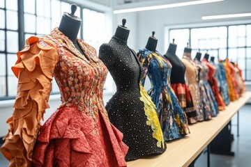 Line of colorful elaborate dresses displayed on black mannequins in a bright room with large windows showcasing diverse textures and patterns
