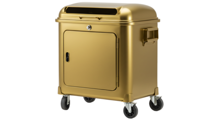 Golden metallic rolling trash bin with lockable door and side handle, isolated on black background, perfect for waste disposal and storage