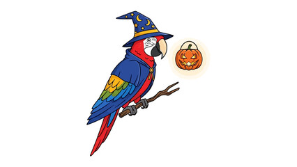 Magical Halloween Parrot: A vibrant parrot adorned in a wizard's hat and robe perches with a glowing pumpkin, blending the charm of the avian world with the whimsical spirit of Halloween. 