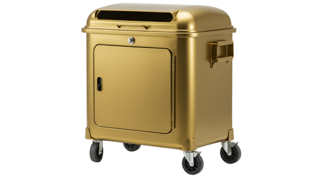 Golden metallic rolling trash bin with lockable door and side handle, isolated on black background, perfect for waste disposal and storage