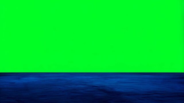 Dark stage with draped curtains opens onto a bright green screen portal over a textured floor, clean chroma surface ready for seamless keying; professional VFX plate for product reveals
