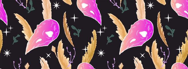 Halloween Fantasy Pattern with bird Skulls, branches, pampas grass on a dark background. Perfect for gothic, witchy, or mystical themed designs