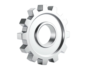 A shiny, silver gear cog illustration, perfectly rendered with a transparent background