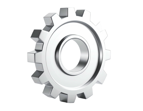 A shiny, silver gear cog illustration, perfectly rendered with a transparent background