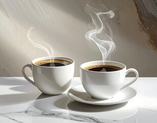 Two steaming coffee cups under sunlight