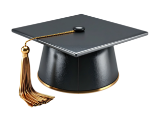 Classic black graduation cap with gold tassel against a transparent background