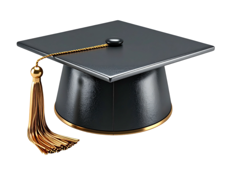 Classic black graduation cap with gold tassel against a transparent background