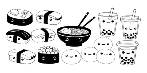 Adorable kawaii-style illustrations of various Japanese foods and drinks, including sushi, ramen, mochi, and bubble tea.
